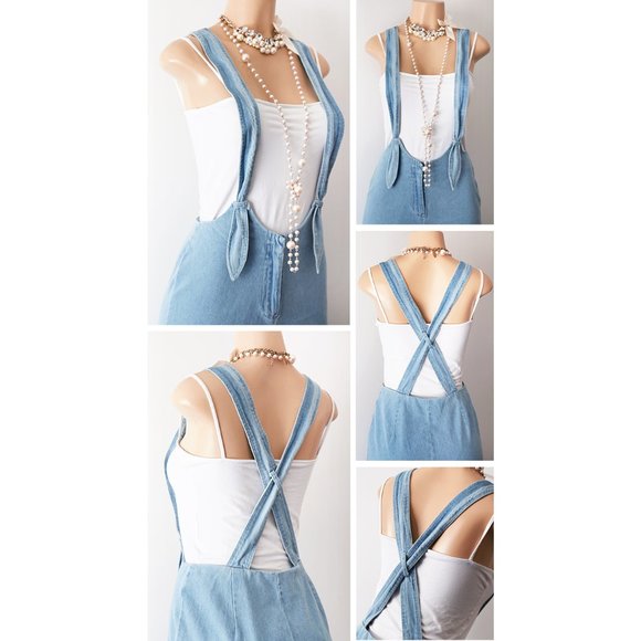 Denim Blue Cotton Wide Leg Crop Overall Jumpsuit - Picture 3 of 8